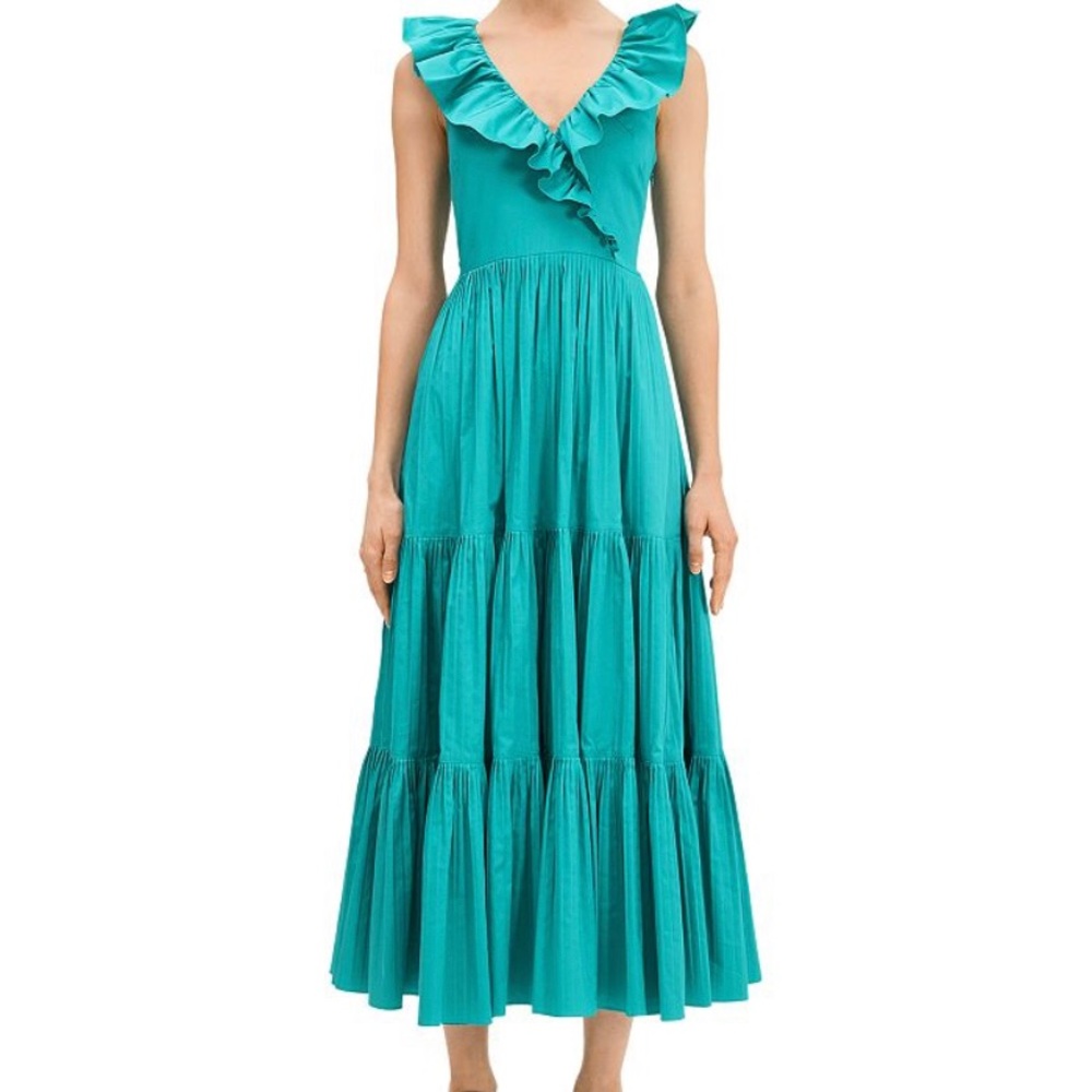 Vneck Sleeveless Ruffle Tiered Poplin Dress In Fiji Green